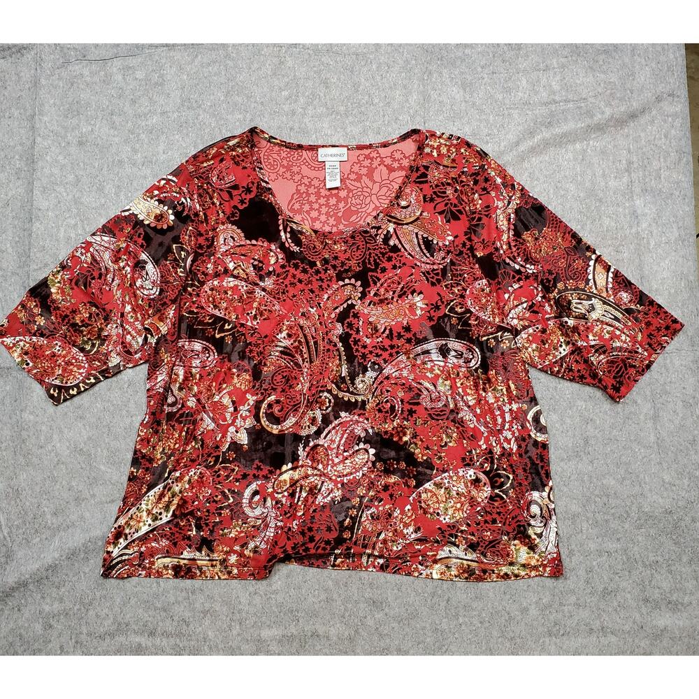 Catherines Top Womens 3X WP Velvet Burnout Paisley 3/4 Sleeve Blouse‎ Artsy Art